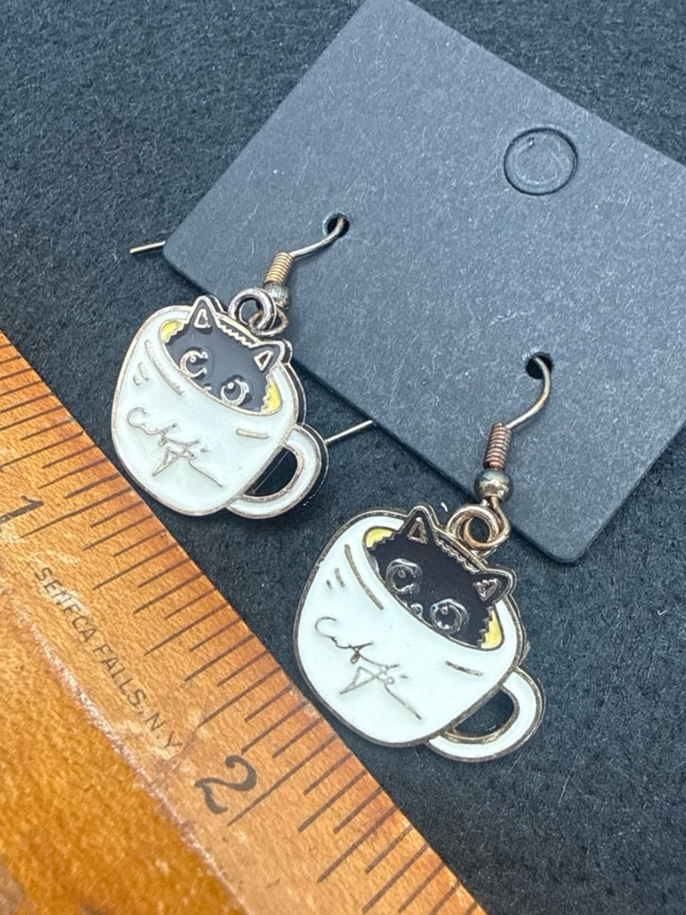 Source Unknown Black-and-White Cat‎ in Mug Enamel Drop Earrings